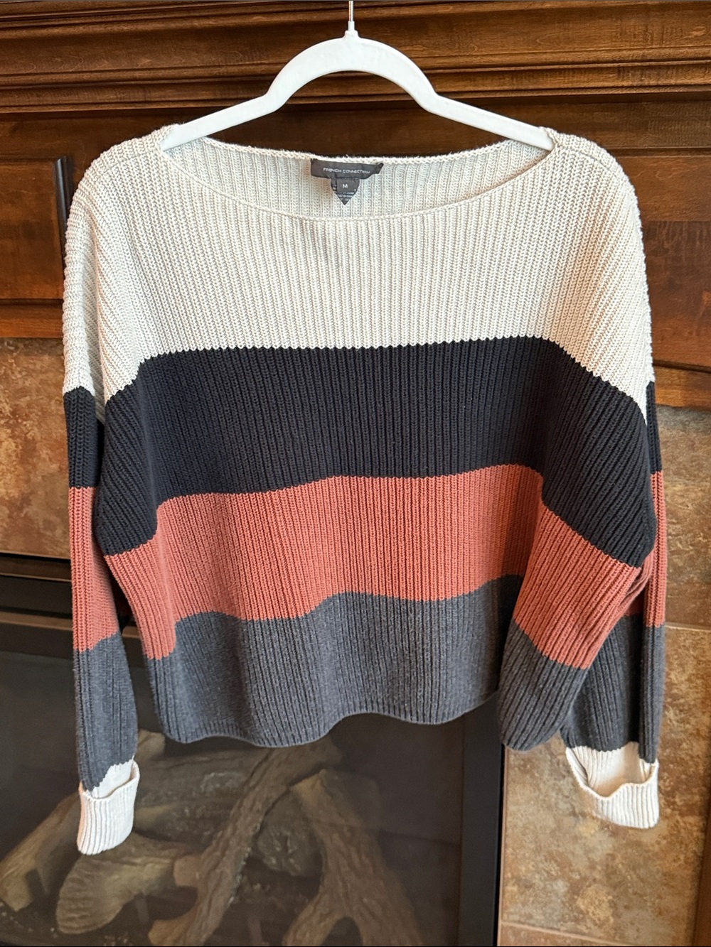 French Connection Colorblock Ribbed Cotton Boat Neck Sweater M Oversized